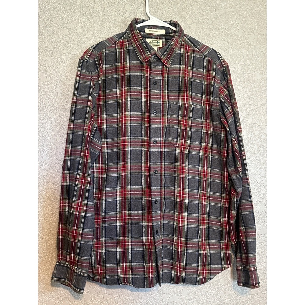 LL Bean Mens Traditional Fit Flannel Shirt Medium Grey Red Plaid Cotton Grandpa